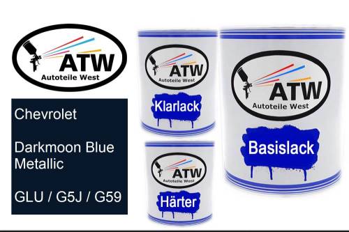 Chevrolet, Darkmoon Blue Metallic, GLU / G5J / G59: 1L Lackdose + 1L Klarlack + 500ml Härter - Set, von ATW Autoteile West.